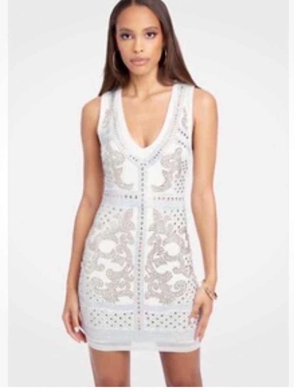 Bebe White Sleeveless V-Neck Beaded Bodycon Dress BNWT Size S